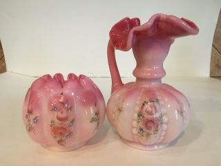 Vintage Fenton Burmese Glass Pitcher Vase Signed Hand Painted Peach Blow Set 3