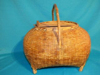 Vintage Chinese Asian Fishing Creel Basket,  48 1/2 " Around 9 " T,  13 " T W/ Handle