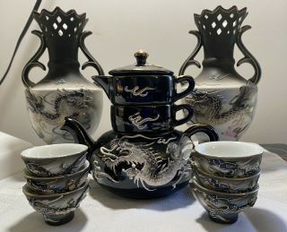 Vintage Japanese Raised Dragon Dragonware Tea Set,  Match Vases - W/blue Eyes