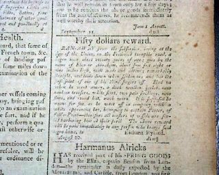Rare Runaway Slaves & Illustrtated Ships Ads 1798 Baltimore Maryland Newspaper