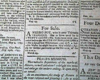 18th Century (2) Slavery Related Advertisements Rare 1798 Philadelphia Newspaper