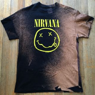 Vtg Nirvana ‘smiley Face’ Bleached Band Shirt,  Unisex,  Men’s Medium,  Grunge