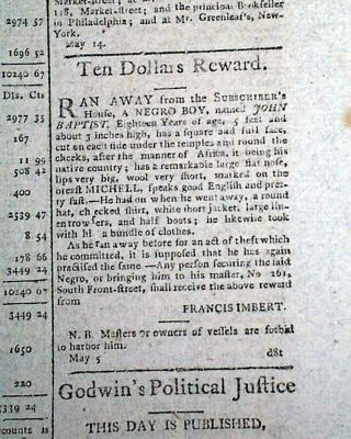 Runaway Slave Black Negro Advertisement In Rare 1798 Philadelphia Pa Newspaper
