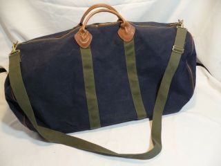 Vintage Ll Bean Duffle Bag Blue Canvas Leather Bottom W Orig Strap 28 " X 12 "