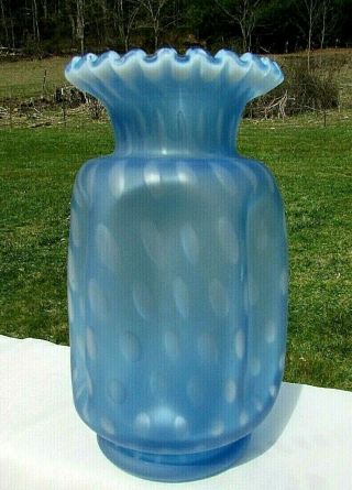 Vintage Fenton Blue Satin Bubble Optic Pinch Crimped Vase 8.  " H