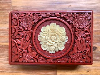 Deeply Carved Lidded Cinnabar Lacquerware Box With Carved Floral Medallion