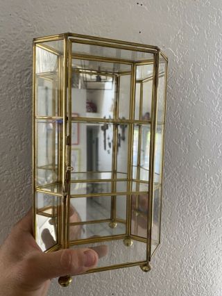 Vintage 9.  5” Small Brass Glass Table Top Display Curio Cabinet Shelf Case Mirror