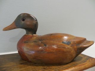 Vintage Hand Carved Wooden Duck Mallard Figurine W/ Glass Eyes On Wood Base