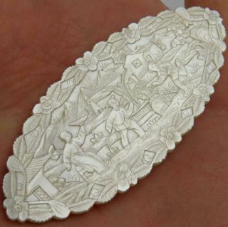 Antique Chinese Export Carved Mother Of Pearl Scenic Gambling Gaming Chip 1