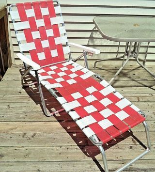 Vintage Aluminum Webbed Folding Lounger Chair Red & White