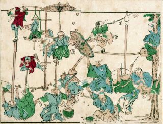 Kyosai An Japanese Color Woodblock Print " Long Nose Acrobats " 1860