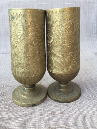 2 - Antique Old Brass Hand Carved Engraved Drinking Goblets India