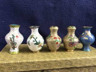 5 Vintage Chinese Miniature Cloisonne Vases Box With Stands 1950 Collectibles 9