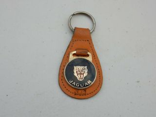 Vintage England Brown Leather Enamel Jaguar Keyring Key Fob