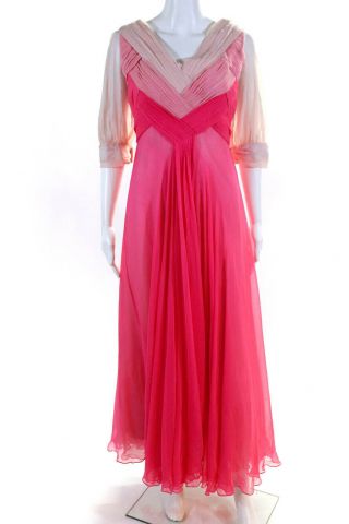 Richilene Vintage Womens V Neck Long Sleeve A Line Dress Pink Size Small