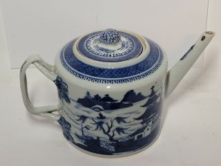 Antique Canton Chinese Teapot - Asian - Ceramic - Chinese Export - Blue & White - 1800s