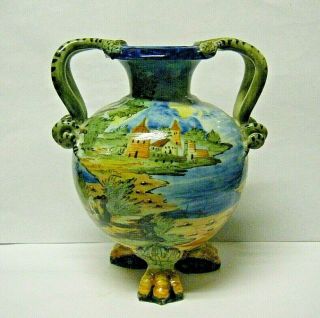 Vintage Painted Majolica Pottery Vase Snake Handles Cantagalli Florence Deruta