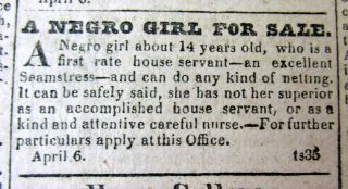 Rare 1826 Lynchburg Virginia Newspaper W Ad - Negr0 Girl Slave