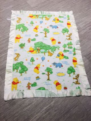 Vtg Winnie The Pooh Baby Blanket 100 Acre Wood Satin Trim 36 " X 48 " Made In Usa