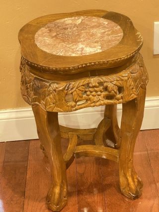 Vintage Chinese Carved Wood Plant Table Marble Top Hard Carved Wood 19 "