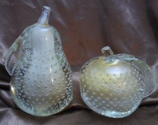 Vintage Murano Glass Apple Pear Fruit Bookends - Controlled Bubbles - Gold Dust