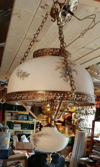 Hanging Hurricane Lamp Vintage Milk Glass Chain Mid - Century Light Gold Guilded