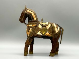 Vintage Boho Wood Hand Carved Horse Figurine Brass Copper Stone Inlay 8 " Tall