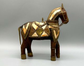 Vintage Boho Wood Hand Carved Horse Figurine Brass Copper Stone Inlay 8 
