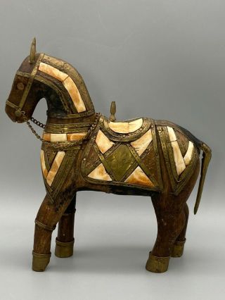 Vintage Boho Wood Hand Carved Horse Figurine Brass Copper Stone Inlay 8 