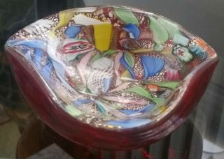 Vintage Hand Blown Murano Tutti Fruitti & Silver Red Cased Art Glass Bowl