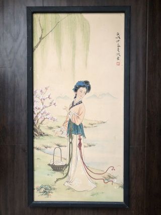 Vintage Antique Chinese Painting On Silk Robed Beauty Lady Flower Landscape Art