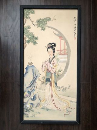 Vintage Antique Chinese Painting On Silk Robed Beauty Lady Court Landscape Art