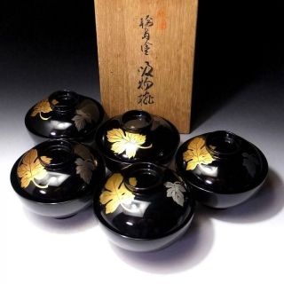 @lp44: Vintage Japanese 5 Natural Wooden Covered Bowls,  Wajima Lacquer Ware