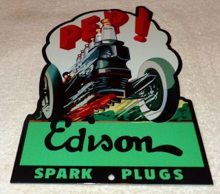 Vintage " Edison Splitdorf Spark Plugs Pep " 12 " Metal Thomas Gasoline & Oil Sign