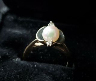Vintage 14k Gold Pearl & Diamond Ring Sz 6.  5 3.  6 Grams