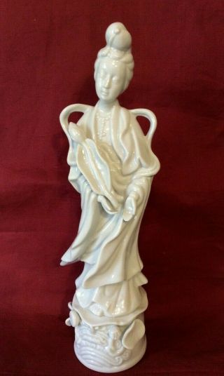Chinese Blanc De Chine Porcelain Kwan - Yin Guanyin Lotus Flower Statue Marked 12 "