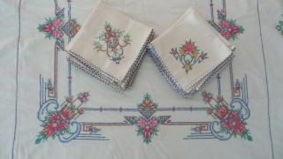 Vintage Cross Stitch Tablecloth And 21 Napkins Hand Made 94 " X 62 "