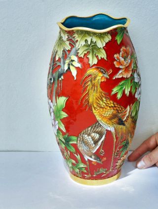 Vintage Oriental Red Cloisonne Vase.  Floral Bird Design,  Enamel On Metal