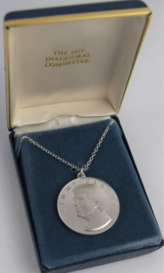 . 999 Solid Silver Coin Pendant Necklace 1977 Jimmy Carter Inaugural Medal 16.  5g