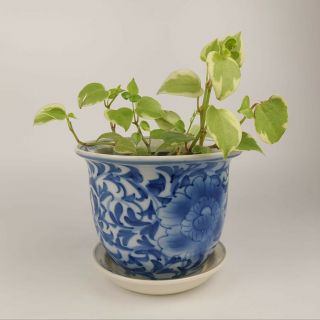 Vtg Medium Hand - Painted Chinese Blue White Porcelain Jardiniere Planter Peony