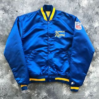 Vintage 80s Los Angeles Rams Starter Blue Satin Bomber Jacket