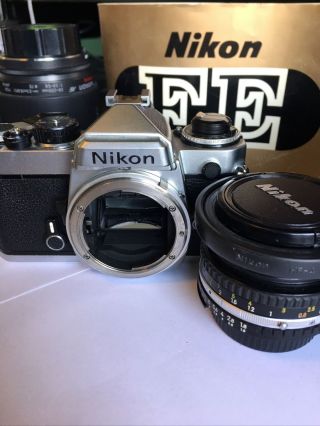 Nikon Fe Slr 35mm Vintage Camera Kit.  50mm F1.  8,  28 - 200mm F3.  5 - 4.  5 Flash & More