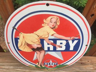 Vintage Derby Gasoline Heavy Porcelain Gas & Oil Sign 12”
