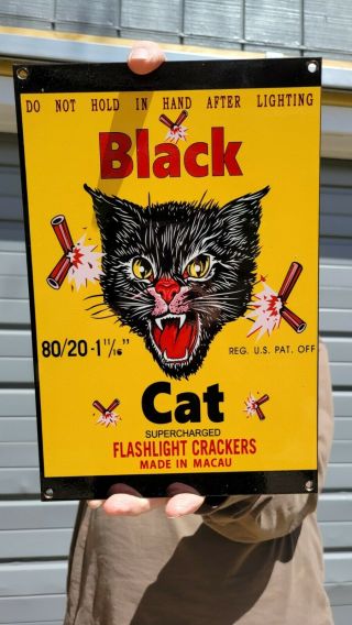 Vintage Old Black Cat Fireworks Display Heavy Metal Porcelain Sign Gas Station