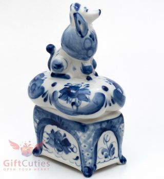 Porcelain Gzhel Poodle Dog Trinket Box Handmade