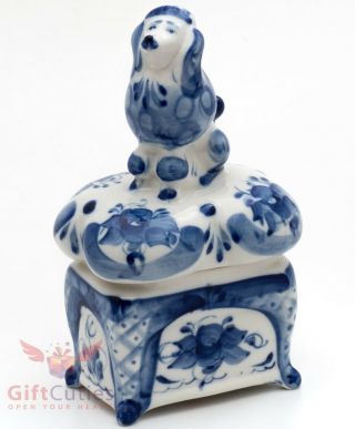 Porcelain Gzhel Poodle Dog trinket box handmade 3
