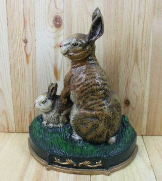 Cast Iron Mom And Baby Bunny Rabbit Doorstop