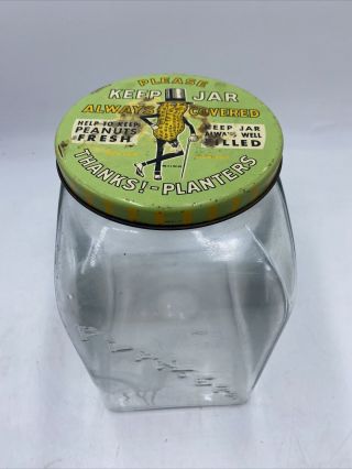 Vintage 1940 Planters Peanuts " Leap Year Jar " With Mr Peanut Tin Lid