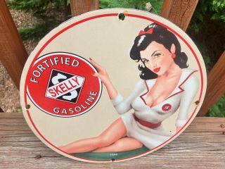 Vintage Skelly Fortified Gasoline Heavy Porcelain Sign 12” Gas & Oil Sign