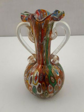 Vintage Fratelli Toso Millefiori Twin - Handled Murano Glass Vase With Gold Flecks
